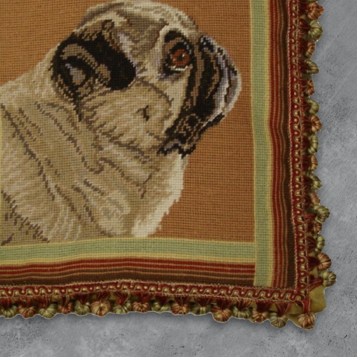 Handmade Wool Needlepoint Pillow Cover - Decorative Throw Cushion Cover - Vintage Floral Embroidery Design brown pug with 3 color tassel