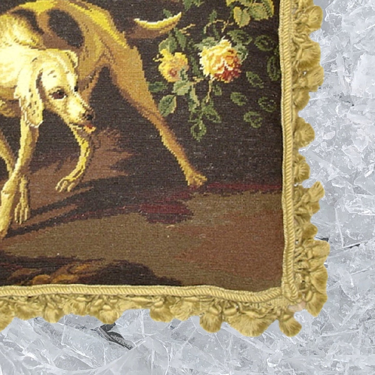 Handmade Wool Needlepoint Pillow Cover - Decorative Throw Cushion Cover - Vintage Floral Embroidery Design  brown hunting yellow rose with gold tassels