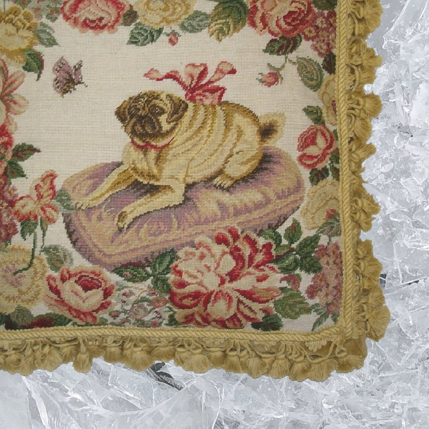 Handmade Wool Needlepoint Pillow Cover - Decorative Throw Cushion Cover - Vintage Floral Embroidery Design  Pug on the purple cushion with tassels