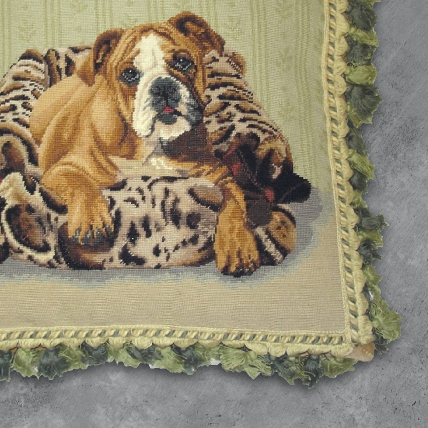 Handmade Wool Needlepoint Pillow Cover - Decorative Throw Cushion Cover - Vintage Floral Embroidery Design  bull dog with mixed green tassel