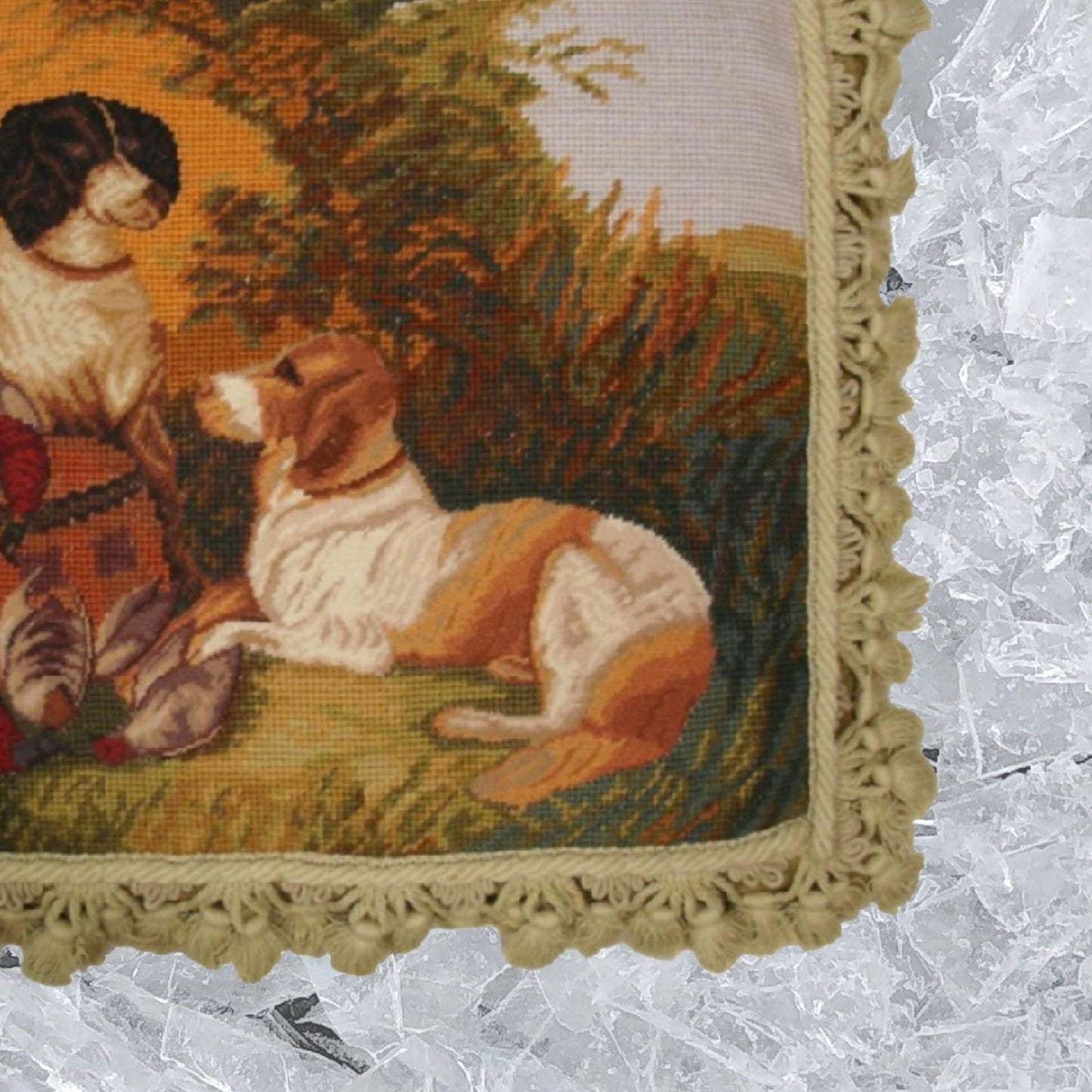 Handmade Wool Needlepoint Pillow Cover - Decorative Throw Cushion Cover - Vintage Floral Embroidery Design hunting dog & bird background with tassels