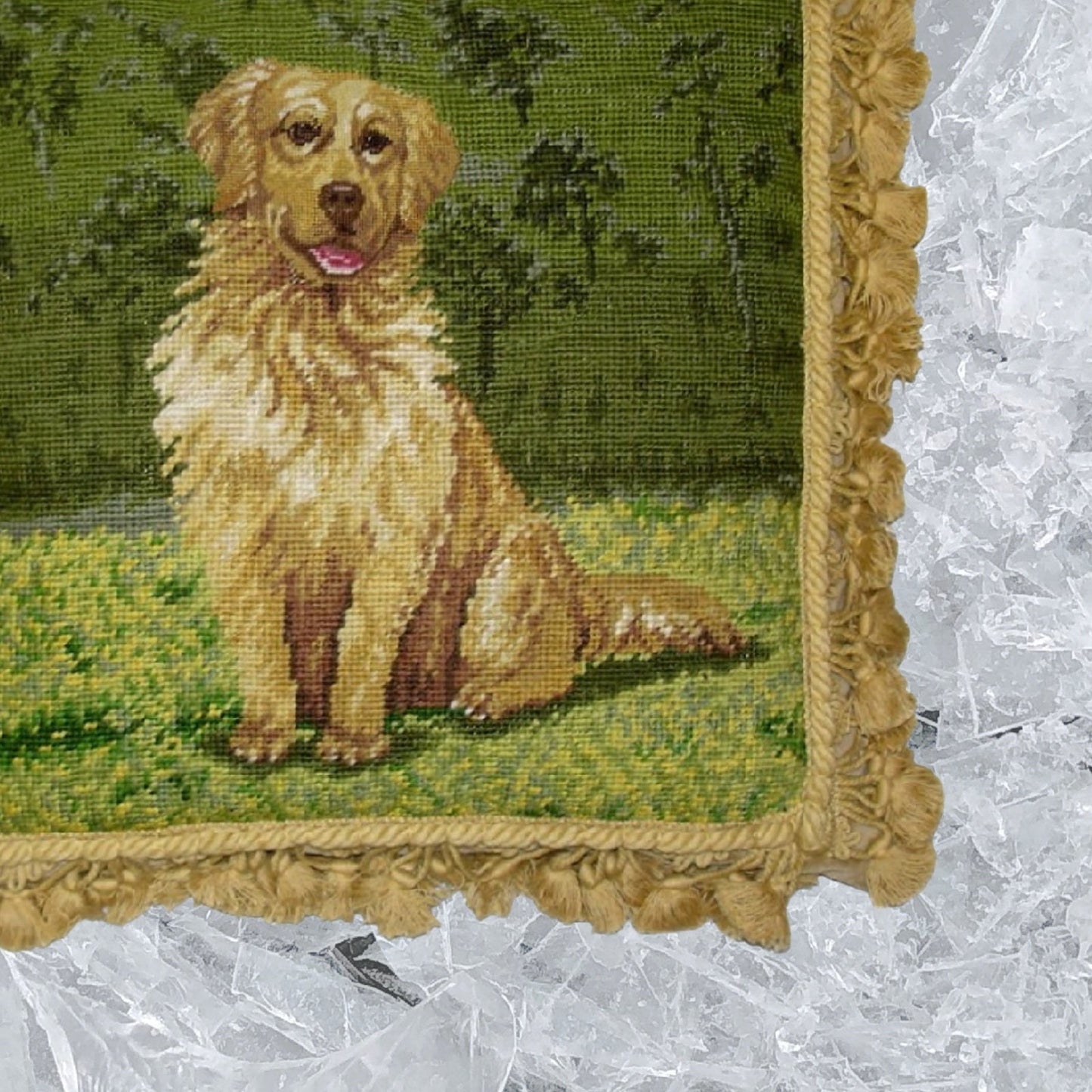 Handmade Wool Needlepoint Pillow Cover - Decorative Throw Cushion Cover - Vintage Floral Embroidery Design Golden Retrieve with tassels