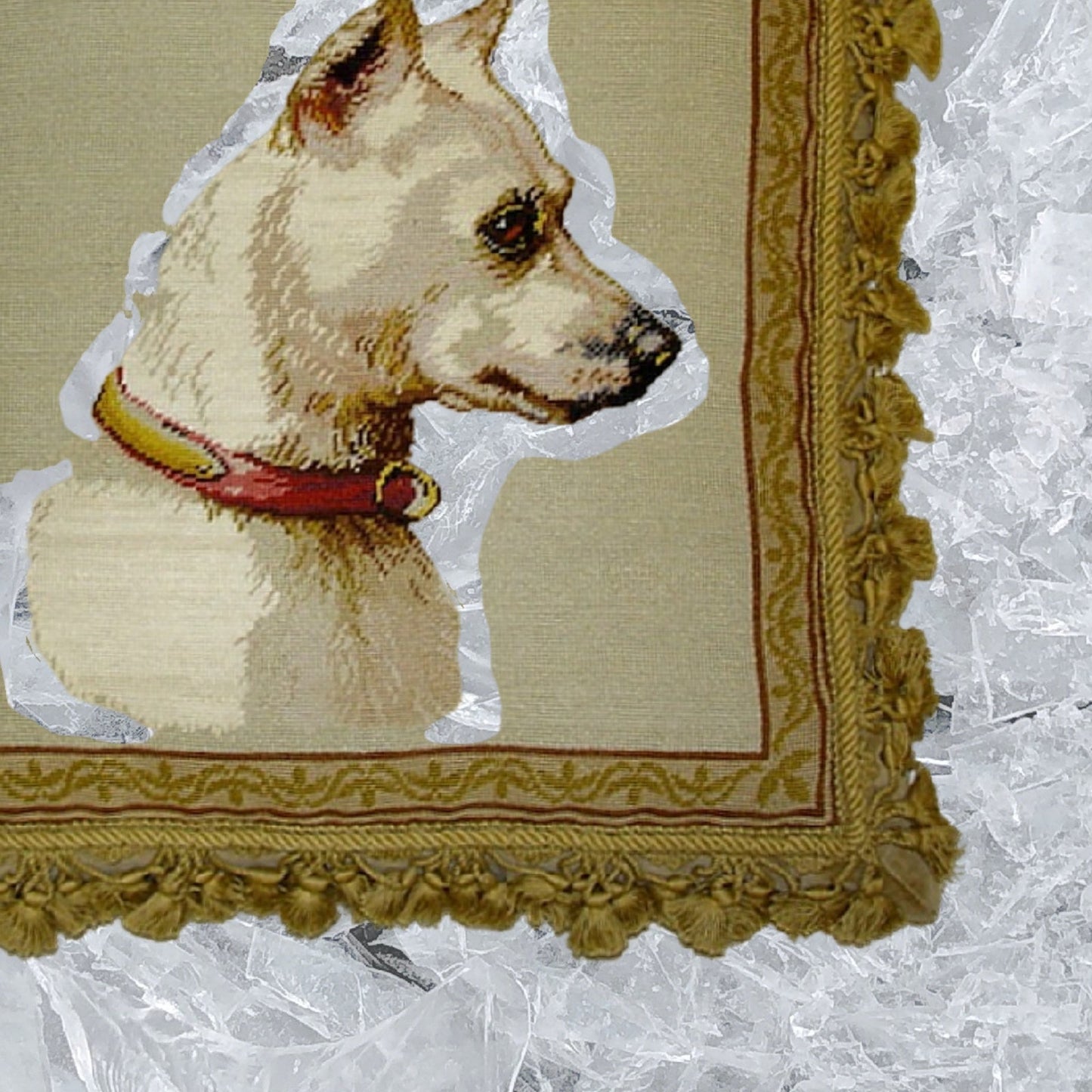 Handmade Wool Needlepoint Pillow Cover - Decorative Throw Cushion Cover - Vintage Floral Embroidery Design  Bull Terrie Light with sand nature tassel