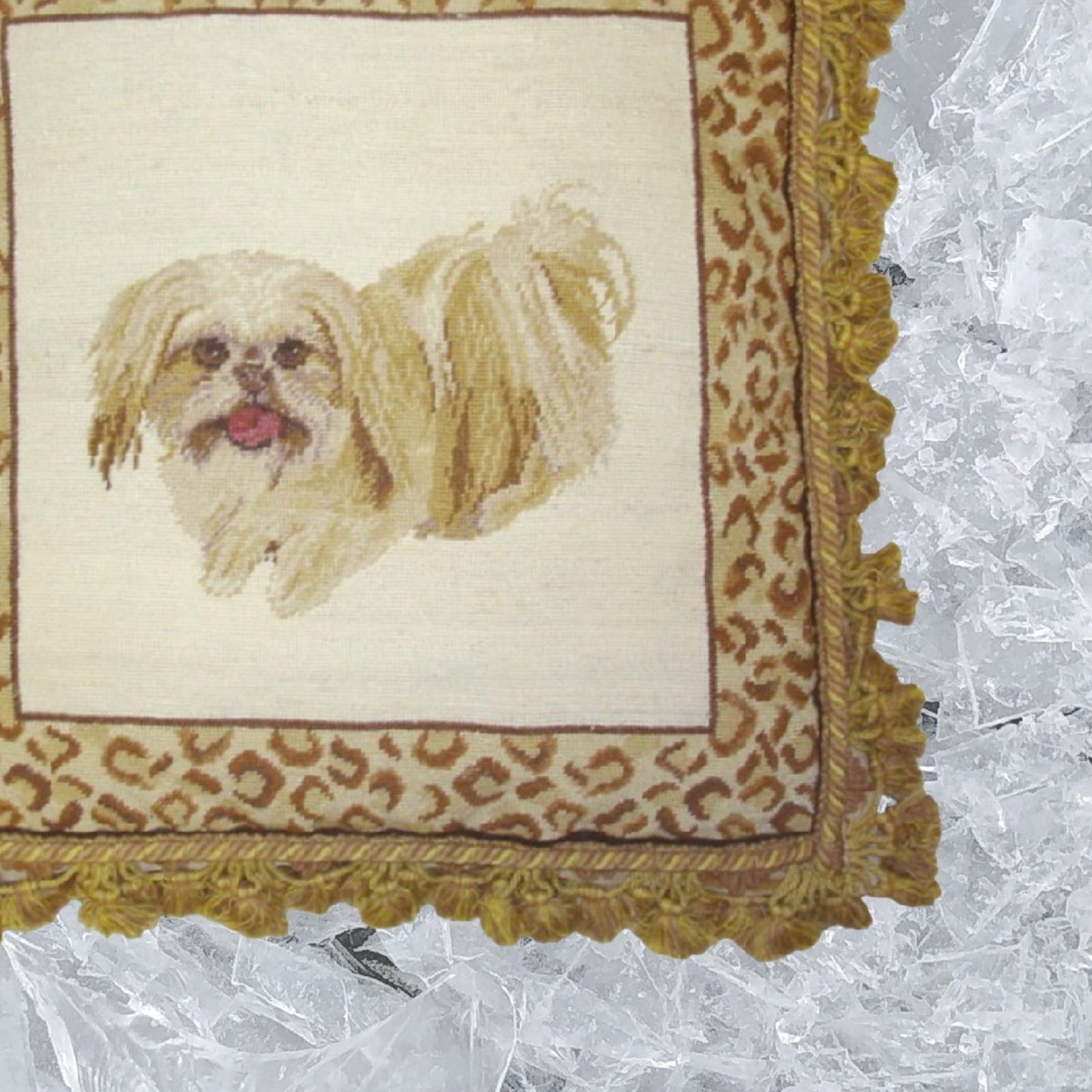 Handmade Wool Needlepoint Pillow Cover - Decorative Throw Cushion Cover - Vintage Floral Embroidery Design  playfully Shih-Tzu with animal print frame 2 color tassels