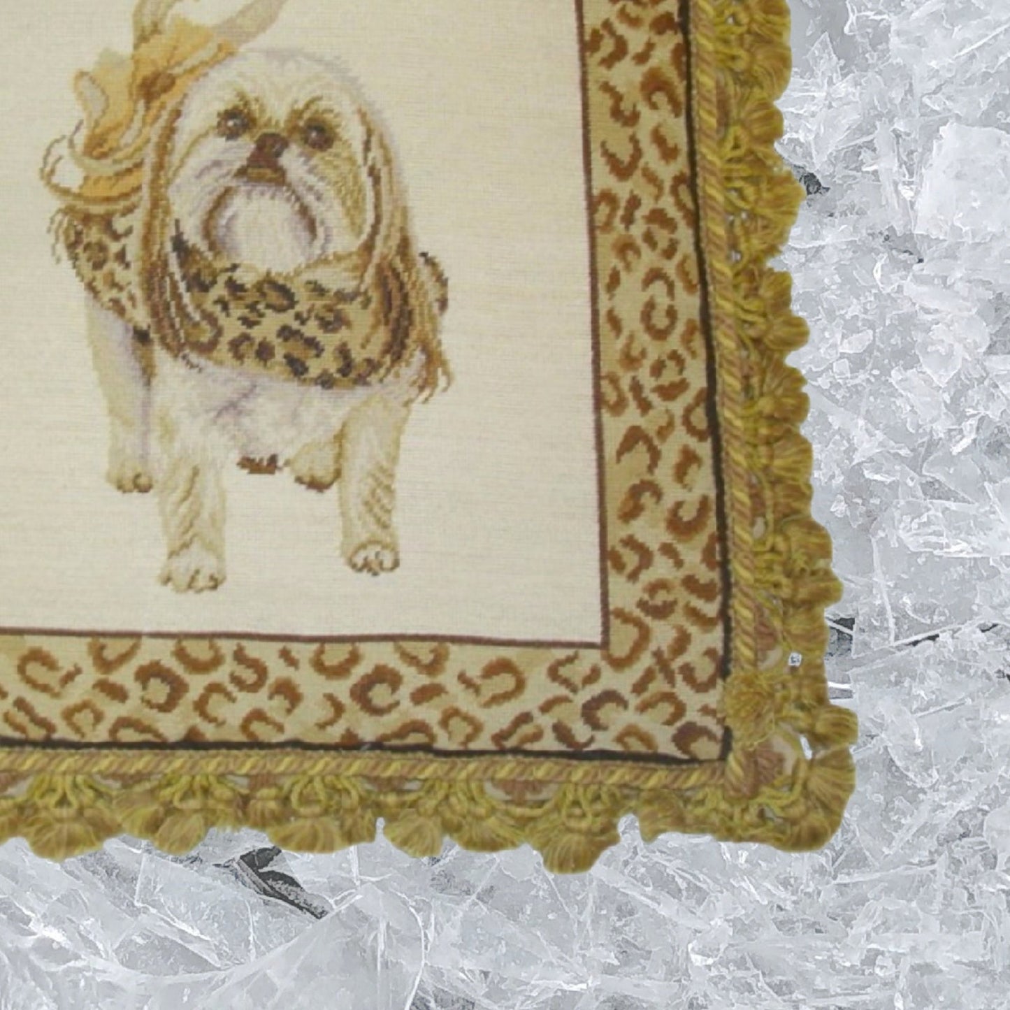 Handmade Wool Needlepoint Pillow Cover - Decorative Throw Cushion Cover - Vintage Floral Embroidery Design  Shih-Tzu ware the animal print scarf with 2 color tassel