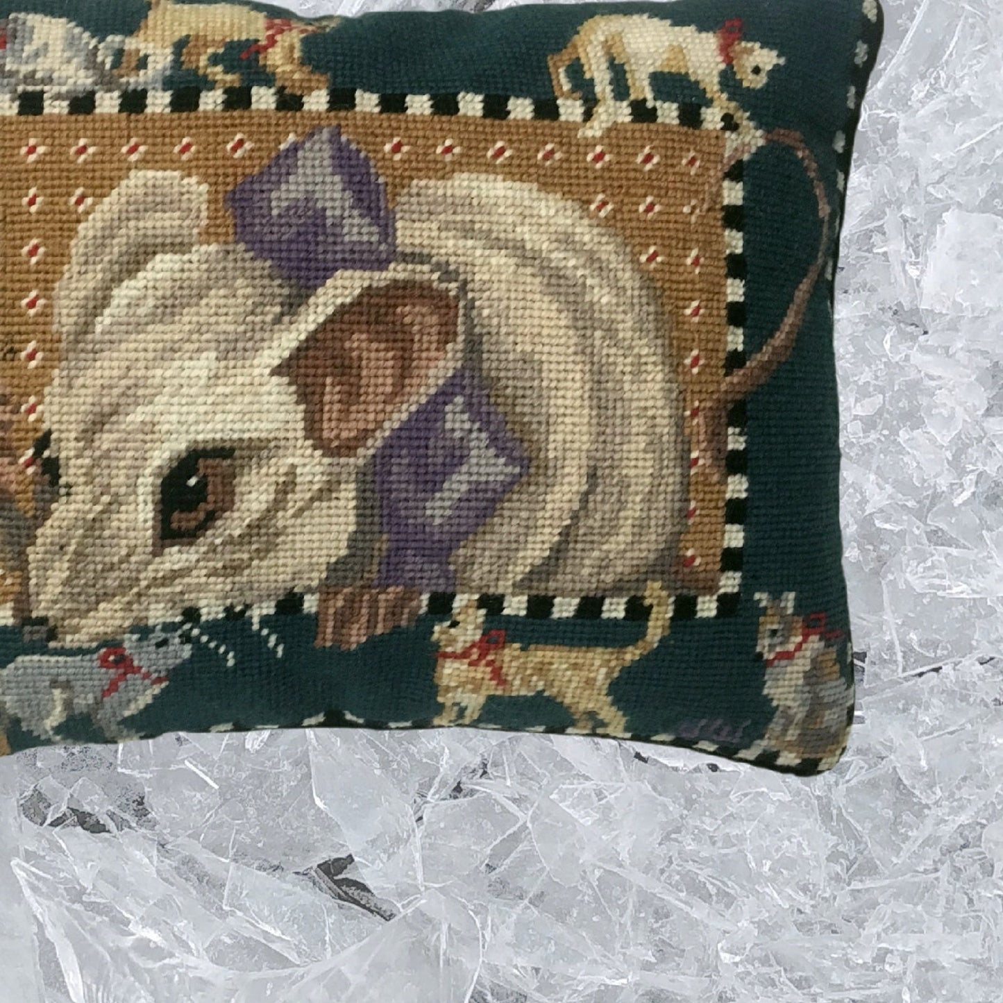Handmade Wool Needlepoint Pillow Cover - Decorative Throw Cushion Cover - Vintage Floral Embroidery Design mouse surrounded by cats & dogs