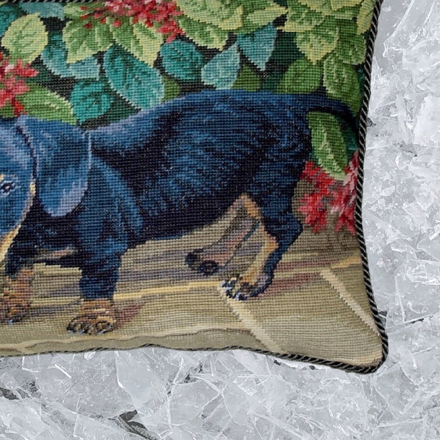 Handmade Wool Needlepoint Pillow Cover - Decorative Throw Cushion Cover - Vintage Floral Embroidery Design black dog green cording