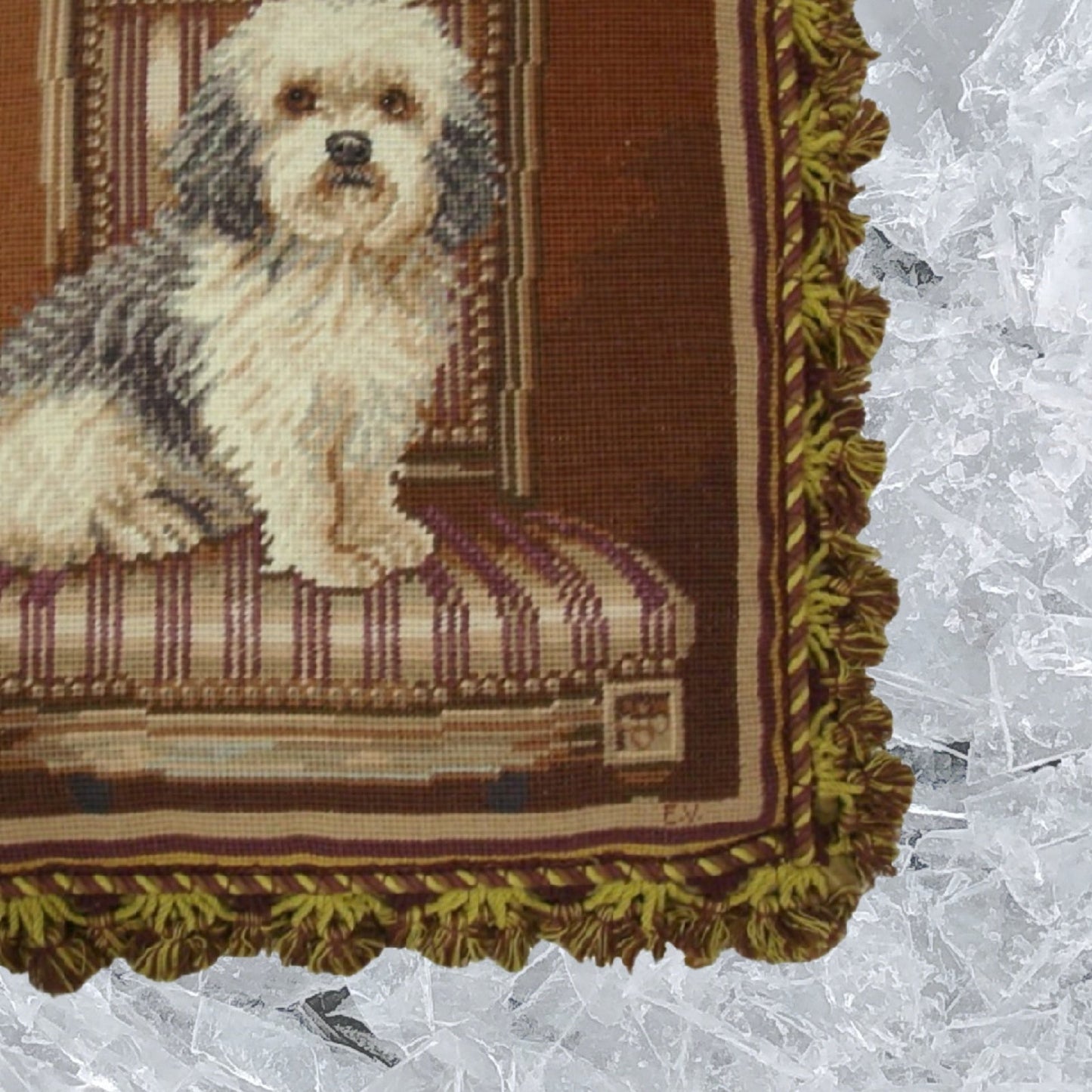 Handmade Wool Needlepoint Pillow Cover - Decorative Throw Cushion Cover - Vintage Floral Embroidery Design Elaine Vollherbst Design Elegant Terrier