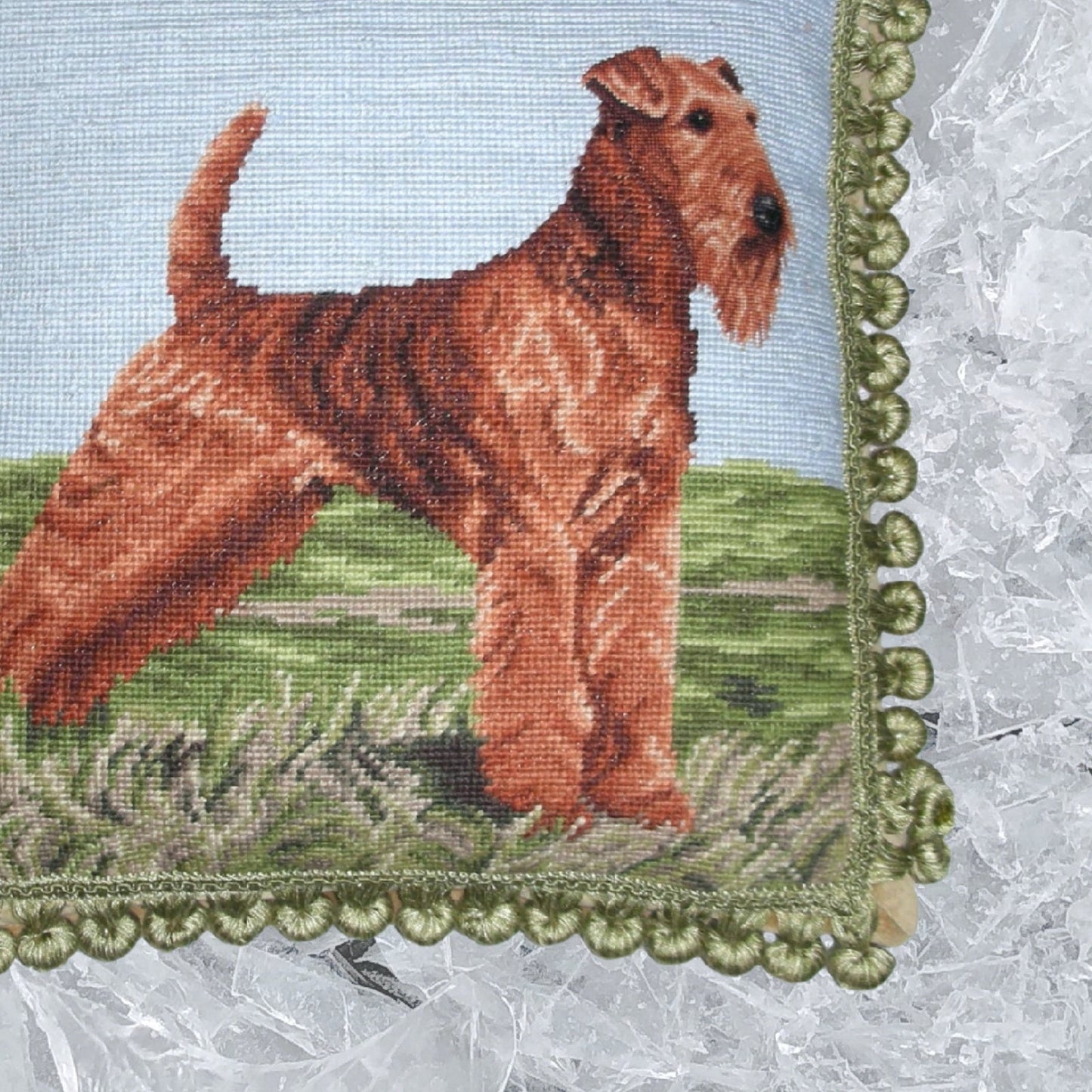 Handmade Wool Needlepoint Pillow Cover - Decorative Throw Cushion Cover - Vintage Floral Embroidery Design Airdale face and rest with tassels