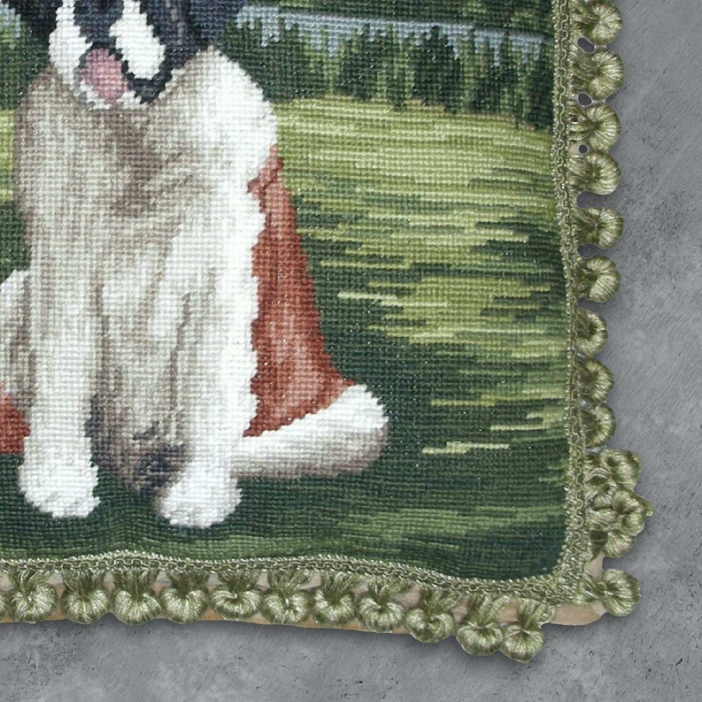 Handmade Wool Needlepoint Pillow Cover - Decorative Throw Cushion Cover - Vintage Floral Embroidery Design St Bernards with tassels