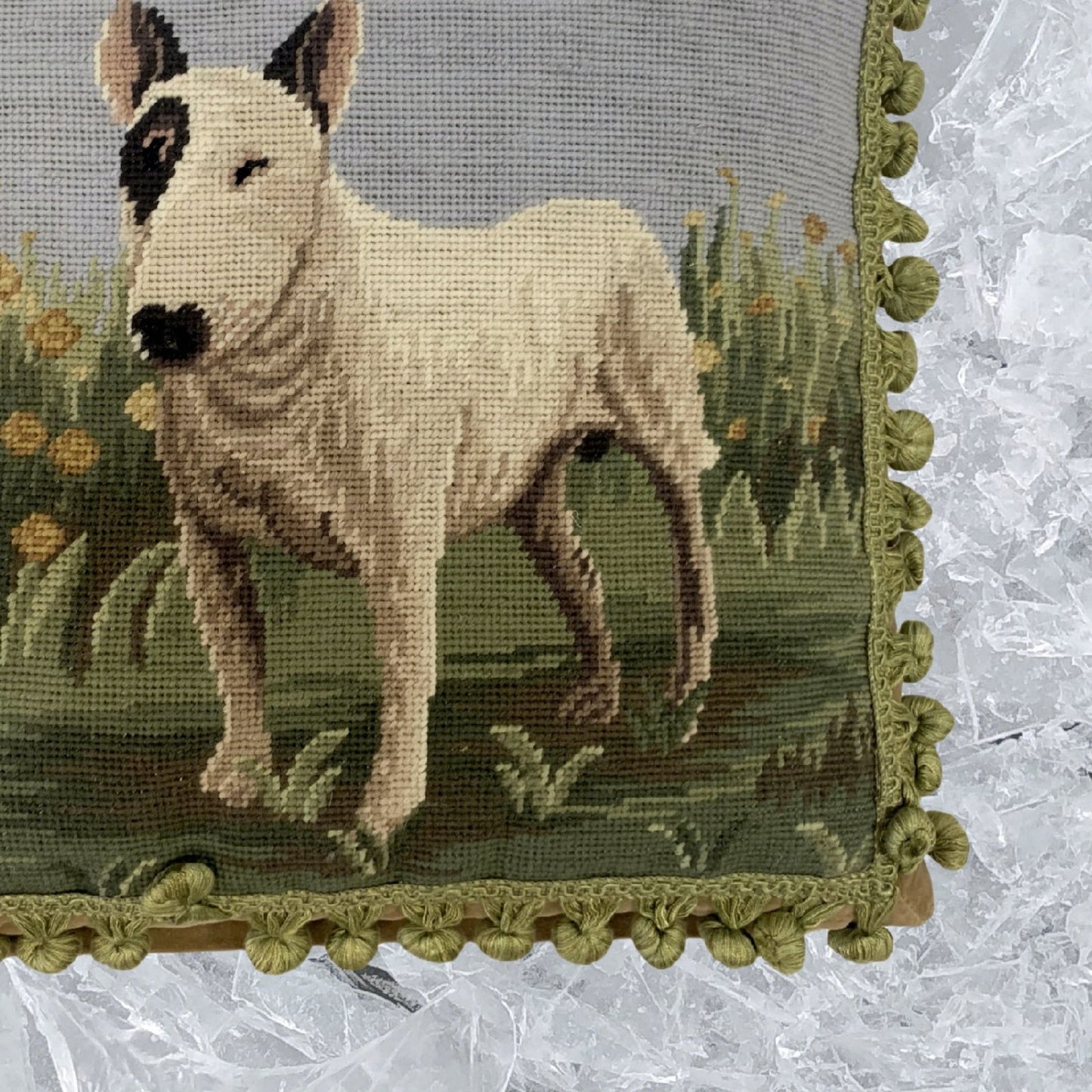 Handmade Wool Needlepoint Pillow Cover - Decorative Throw Cushion Cover - Vintage Floral Embroidery Design bullseyes dog with tassels