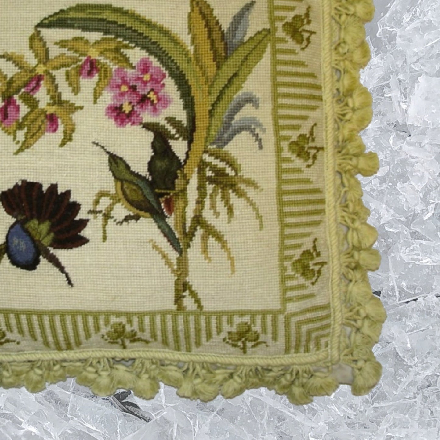 Handmade Wool Needlepoint Pillow Cover - Decorative Throw Cushion Cover - Vintage Floral Embroidery Design 3 birds & pink Lily)