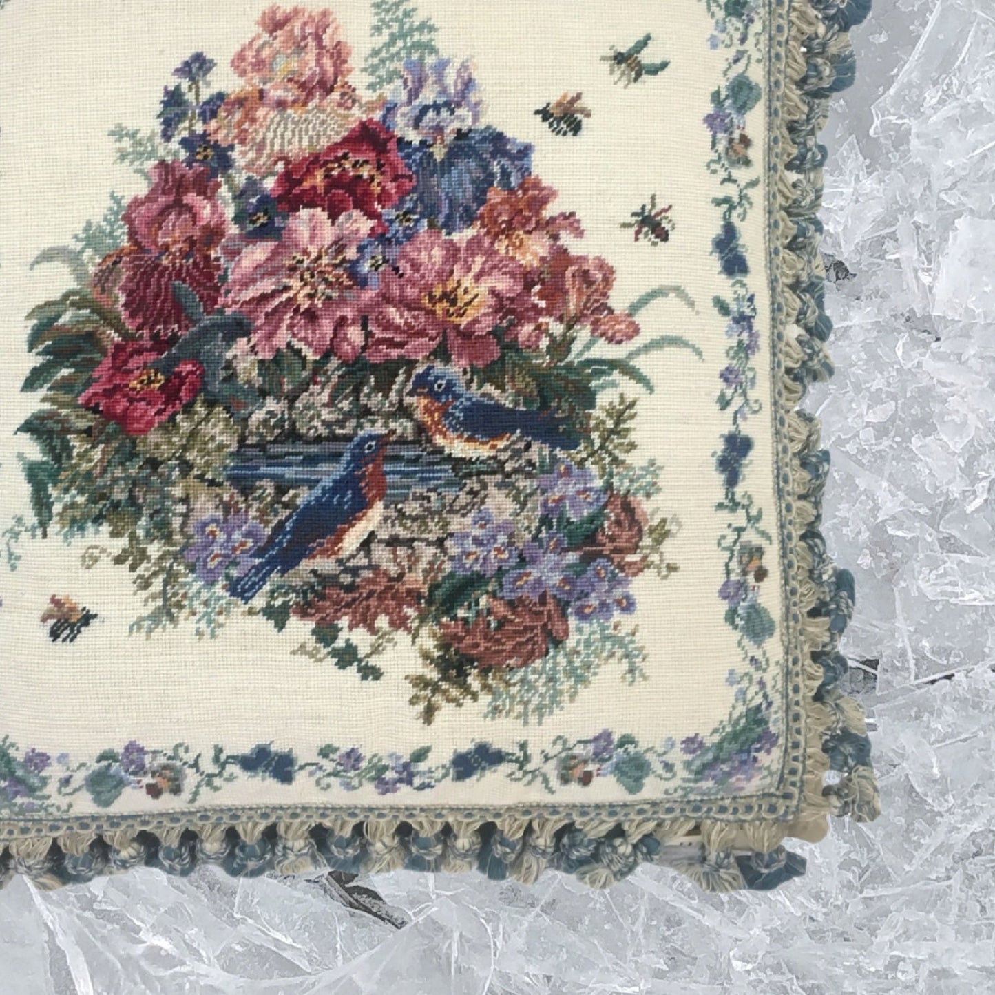 Handmade Wool Needlepoint Pillow Cover - Decorative Throw Cushion Cover - Vintage Floral Embroidery Design  blue birds with tassel