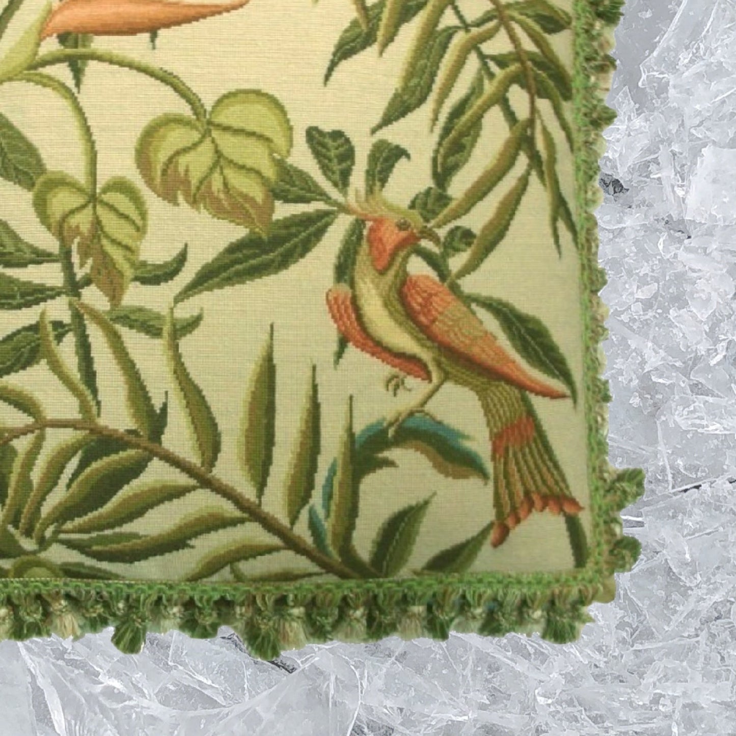 Handmade Wool Needlepoint Pillow Cover - Decorative Throw Cushion Cover - Vintage Floral Embroidery Design  birds of Paradise  with tassel