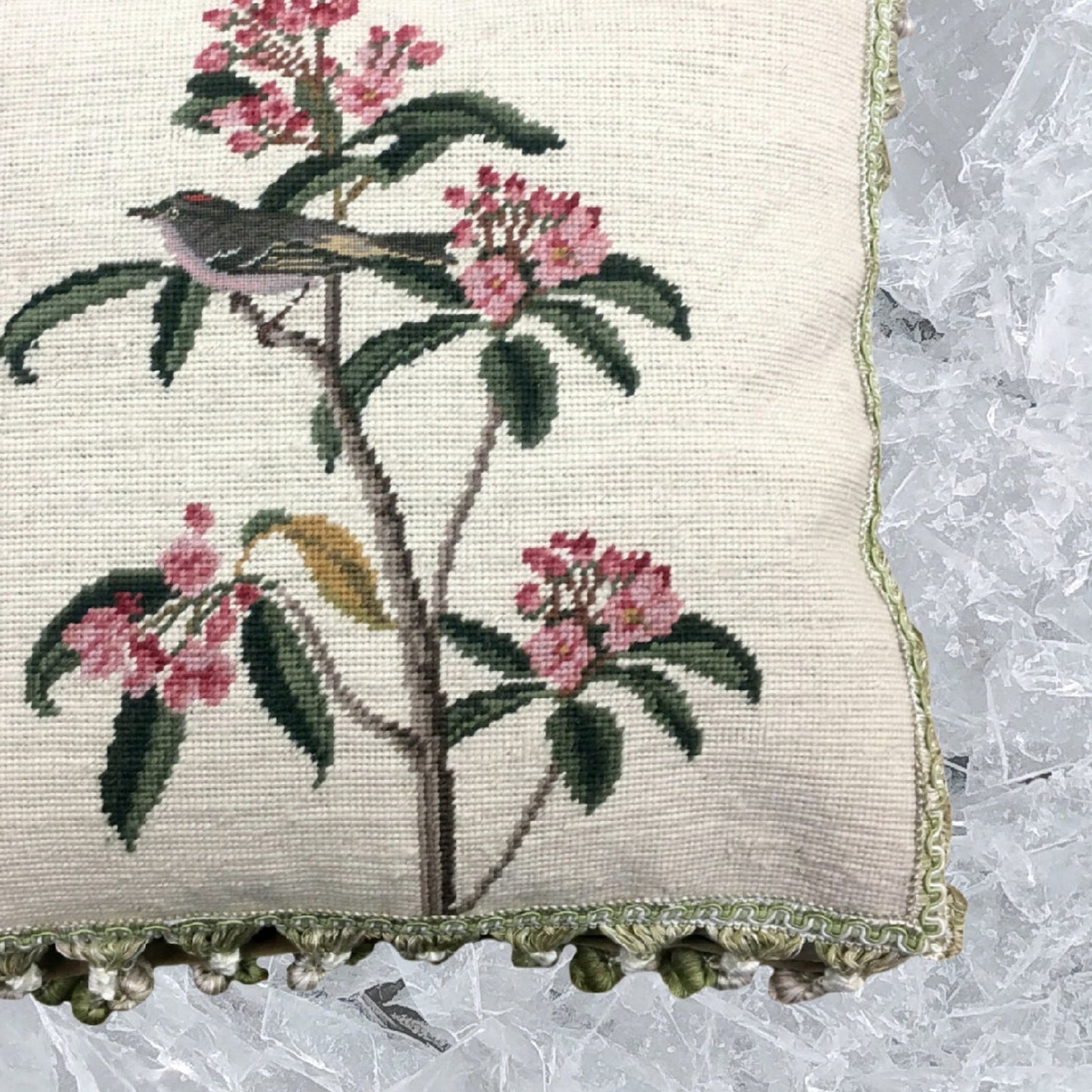 Handmade Wool Needlepoint Pillow Cover - Decorative Throw Cushion Cover - Vintage Floral Embroidery Design gray bird pink flower background with tassels