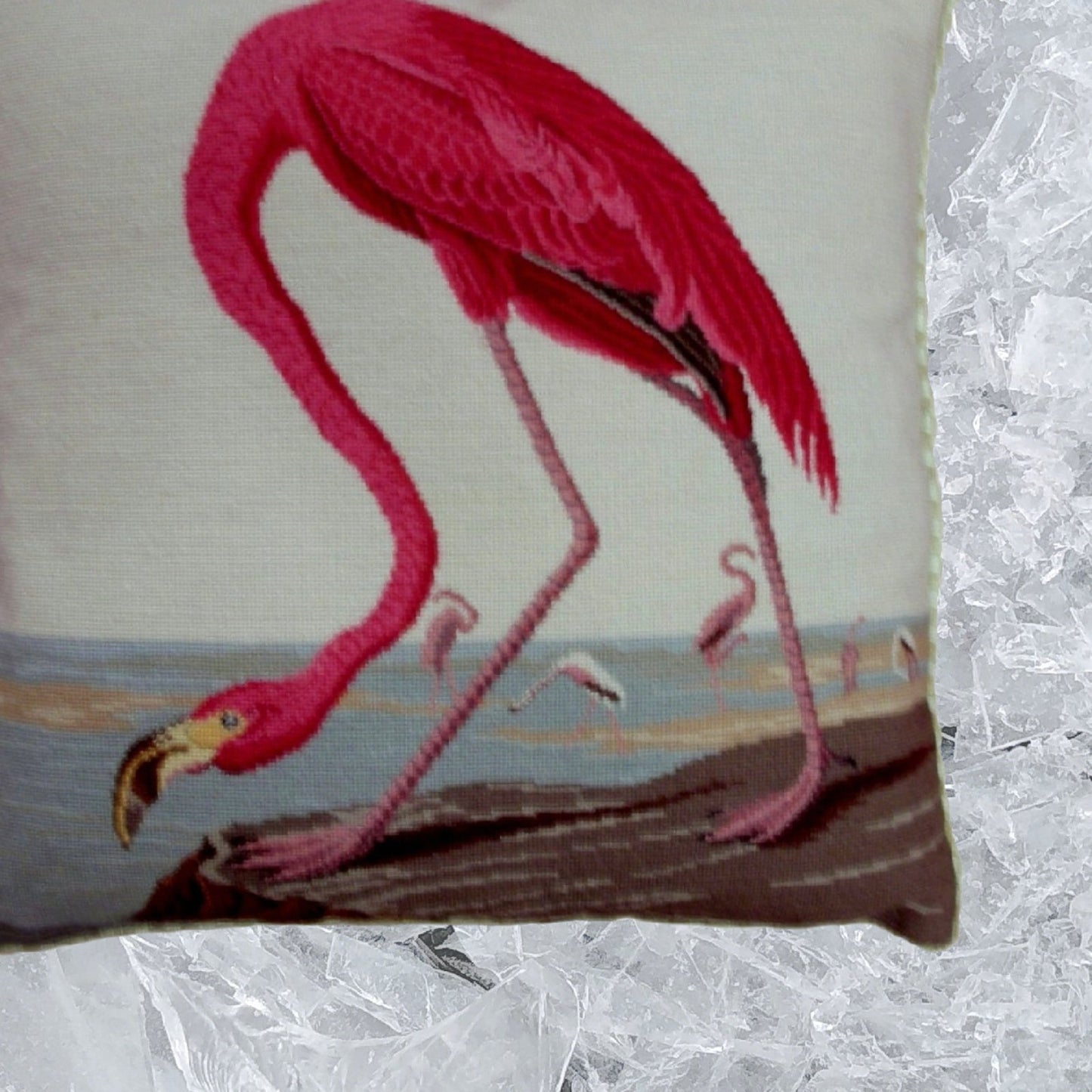 Handmade Wool Needlepoint Pillow Cover - Decorative Throw Cushion Cover - Vintage Floral Embroidery Design  ancient Flamingo with cording