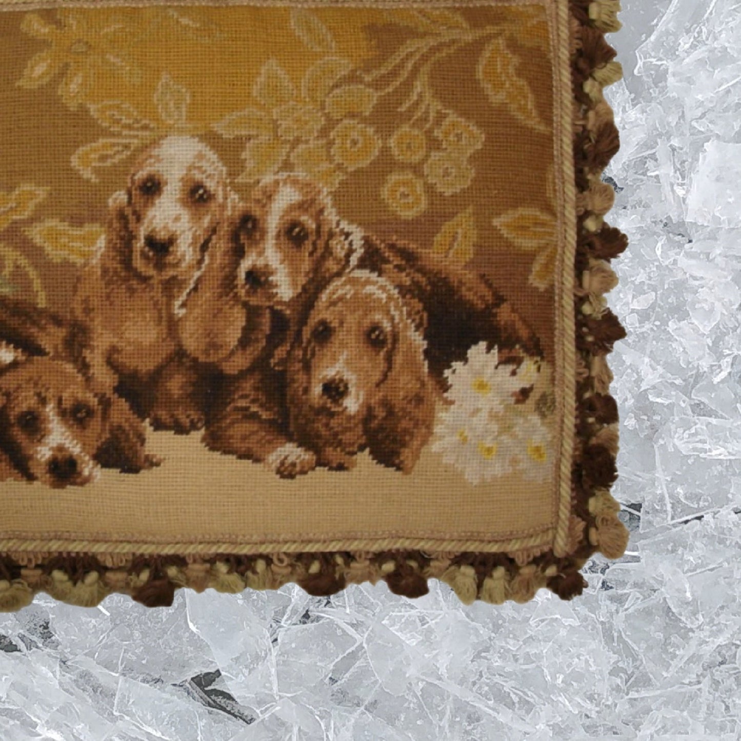 Handmade Wool Needlepoint Pillow Cover - Decorative Throw Cushion Cover - Vintage Floral Embroidery Design 4 Basset Hound  with tassel