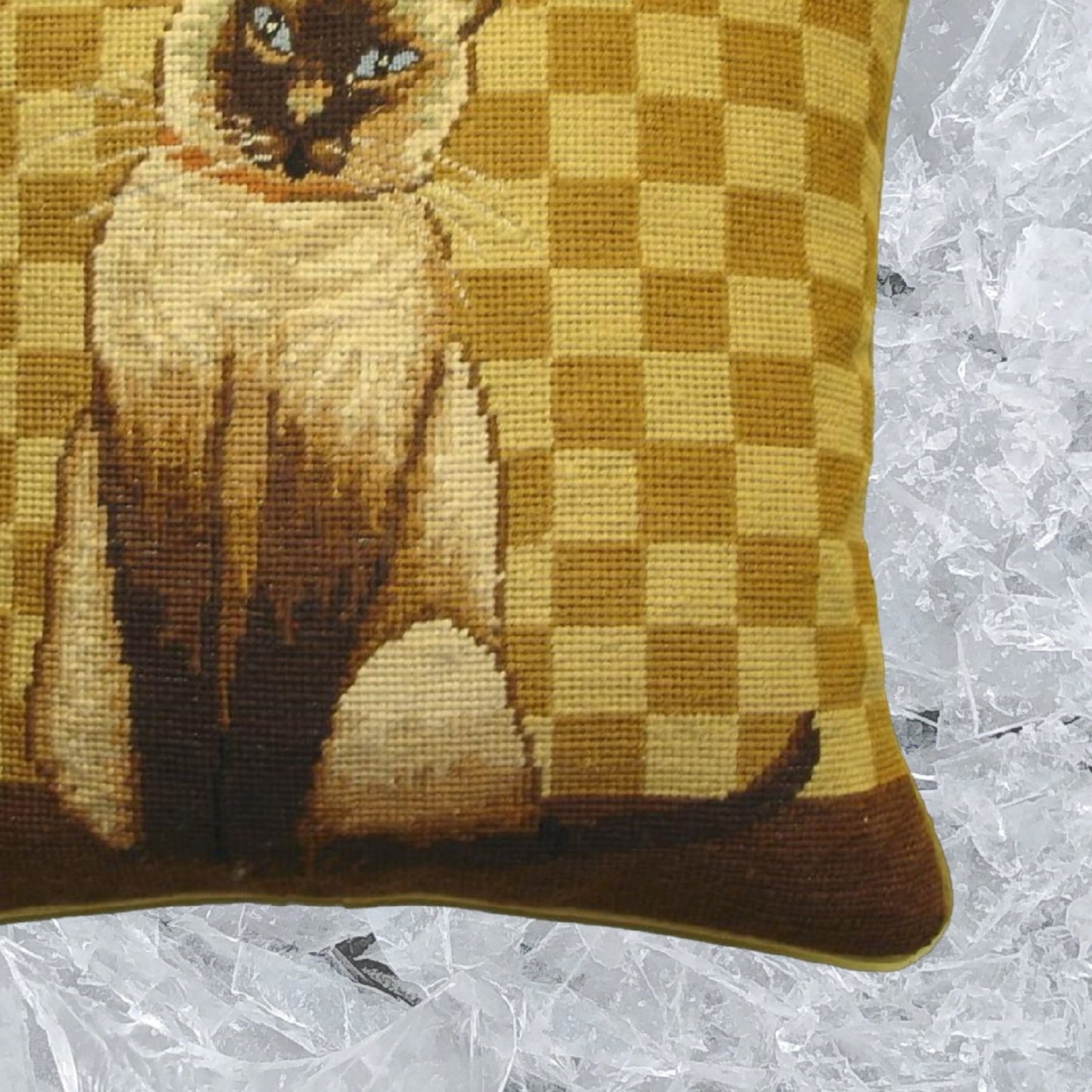 Handmade Wool Needlepoint Pillow Cover - Decorative Throw Cushion Cover - Vintage Floral Embroidery Design with  badge brown cat gold checker