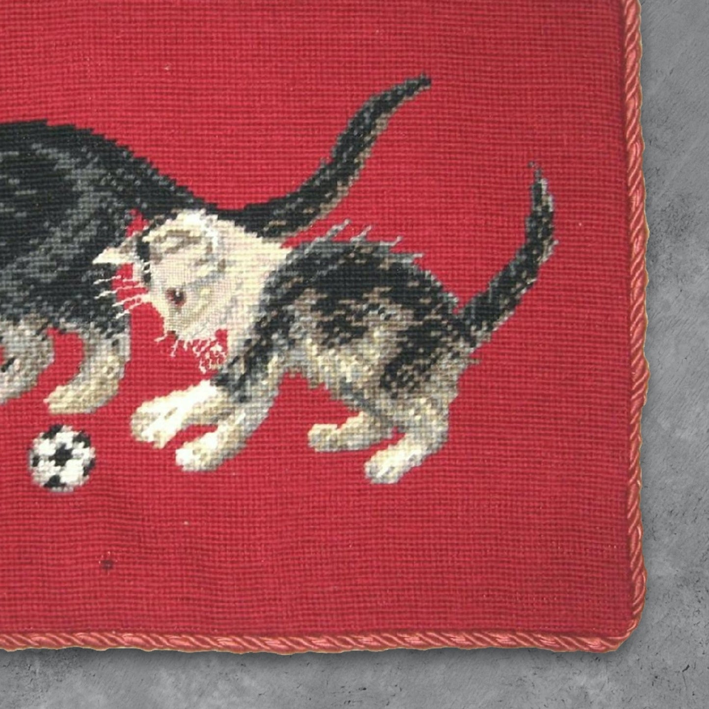 Handmade Wool Needlepoint Pillow Cover - Decorative Throw Cushion Cover - Vintage Floral Embroidery Design  on cat faces rest of in red background with cording