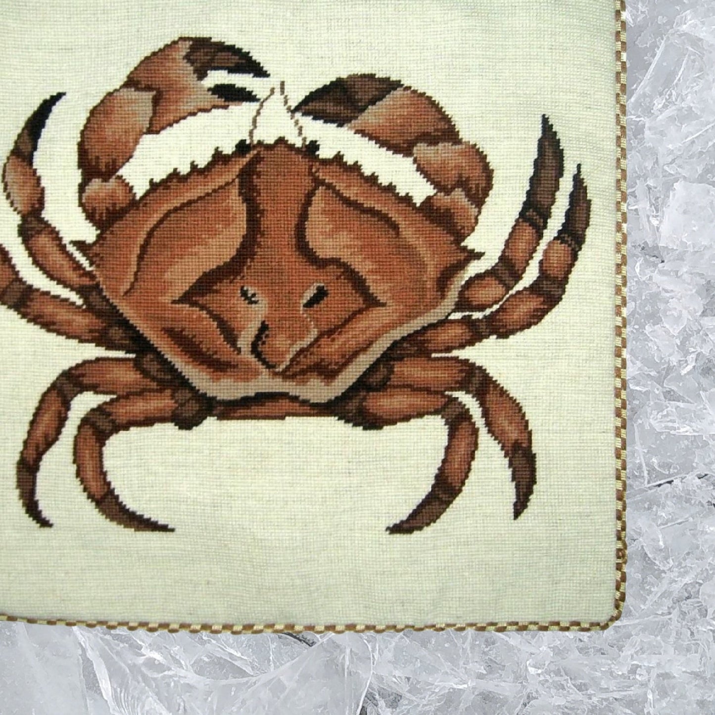 Handmade Wool Needlepoint Pillow Cover - Decorative Throw Cushion Cover - Vintage Floral Embroidery Design brown crab with cording
