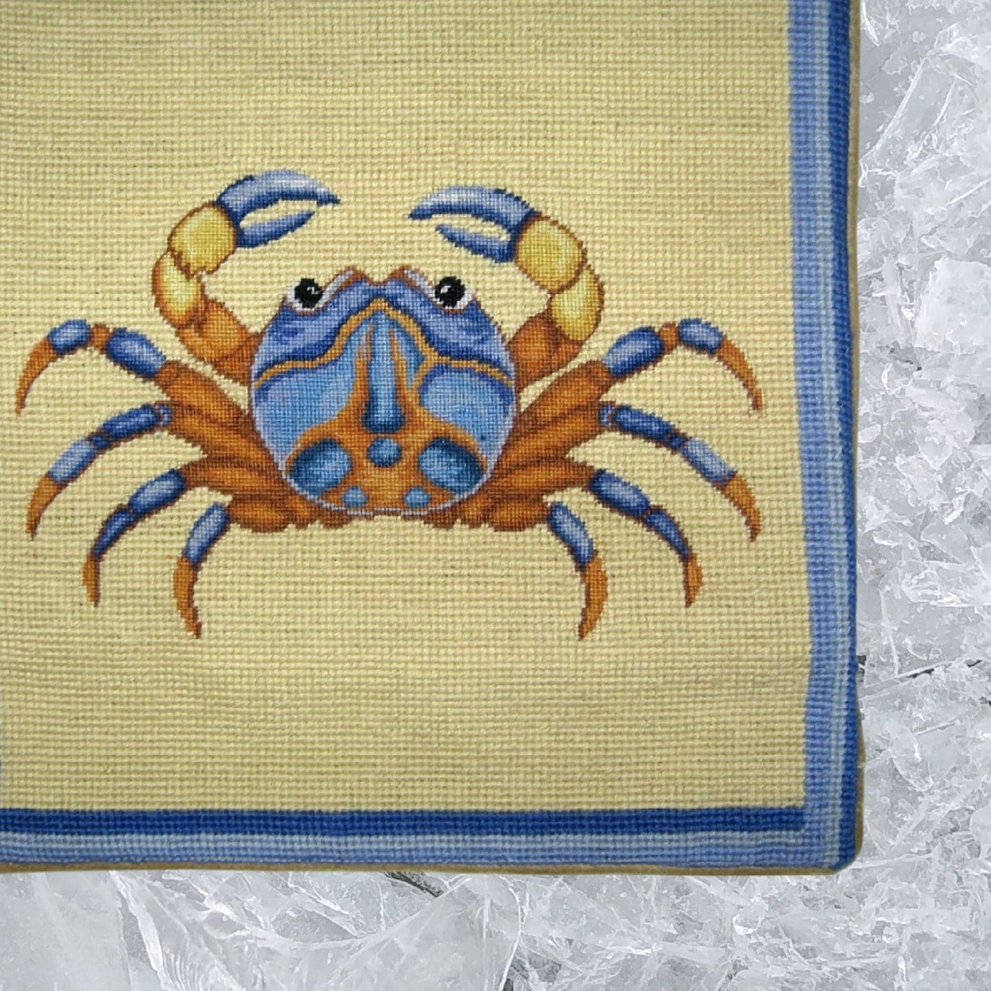 Handmade Wool Needlepoint Pillow Cover - Decorative Throw Cushion Cover - Vintage Floral Embroidery Design blue crab