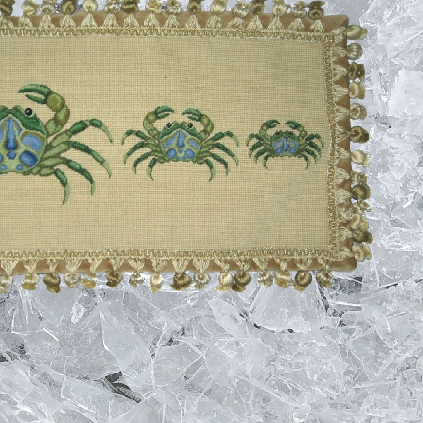 Handmade Wool Needlepoint Pillow Cover - Decorative Throw Cushion Cover - Vintage Floral Embroidery Design 3 green crabs with tassel