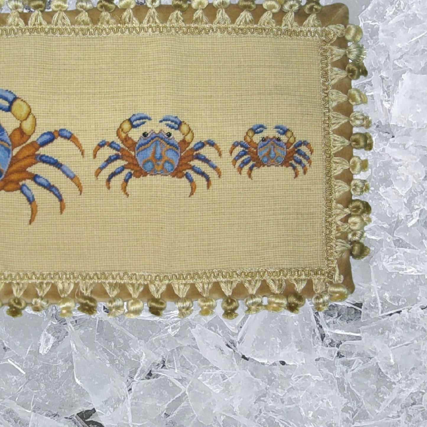 Handmade Wool Needlepoint Pillow Cover - Decorative Throw Cushion Cover - Vintage Floral Embroidery Design 3 blue crabs with tassels