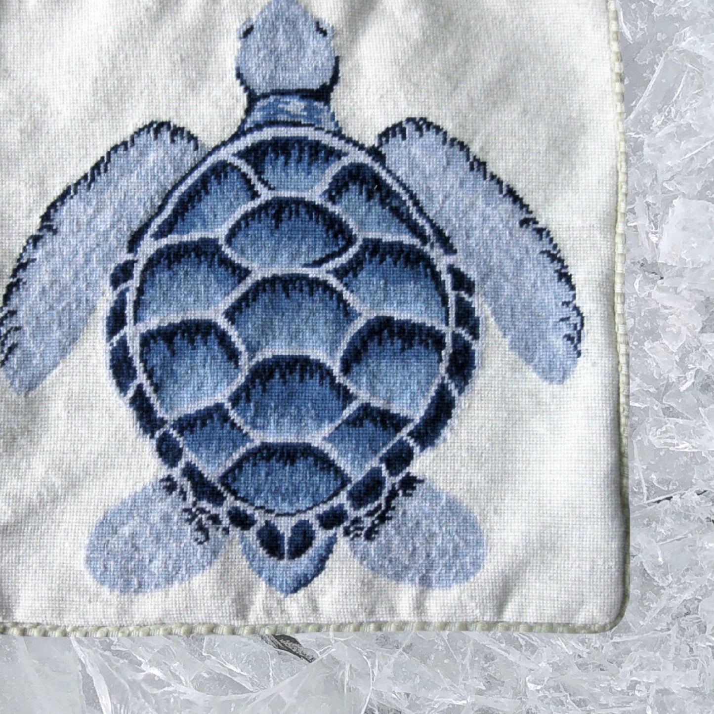 Handmade Wool Needlepoint Pillow Cover - Decorative Throw Cushion Cover - Vintage Floral Embroidery Design light blue sea turtle with cording