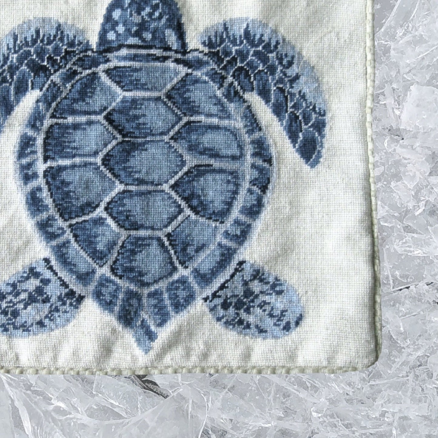 Handmade Wool Needlepoint Pillow Cover - Decorative Throw Cushion Cover - Vintage Floral Embroidery Design dark blue sea turtle cording