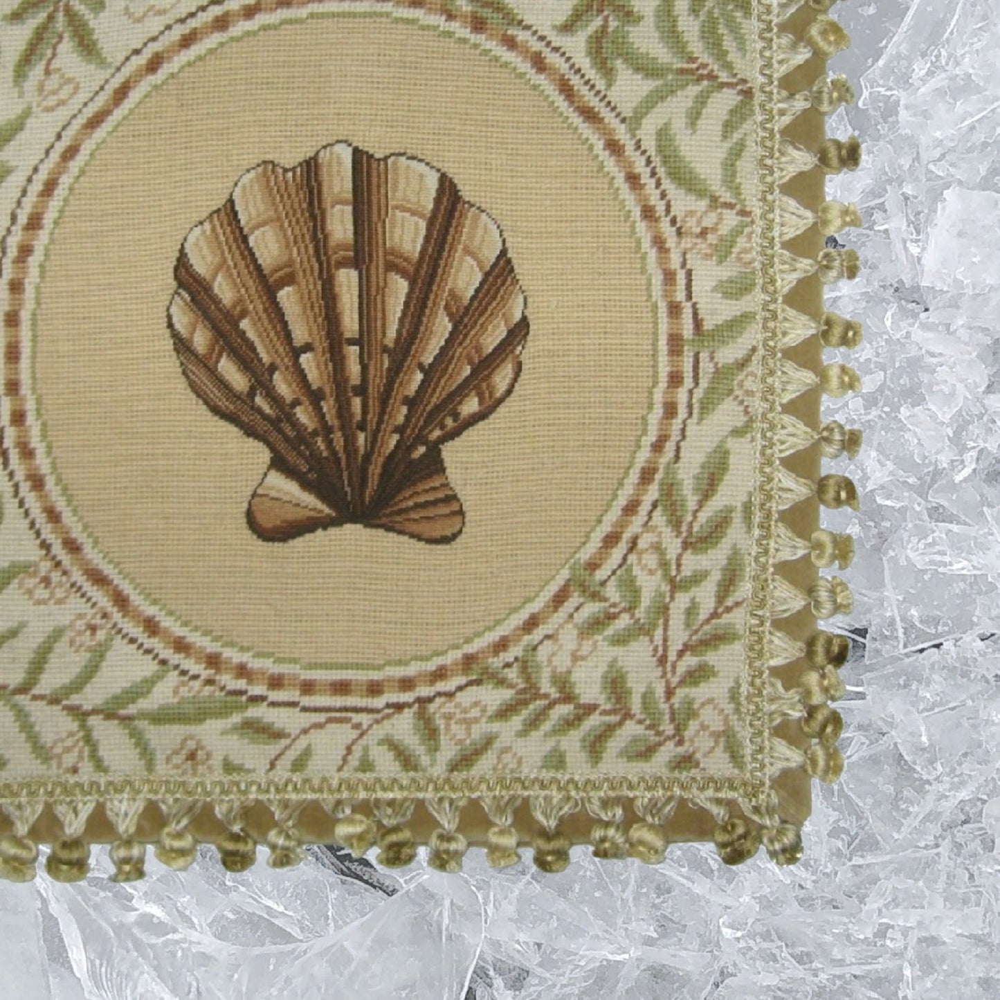 Handmade Wool Needlepoint Pillow Cover - Decorative Throw Cushion Cover - Vintage Floral Embroidery Design fan shell with back and tassels