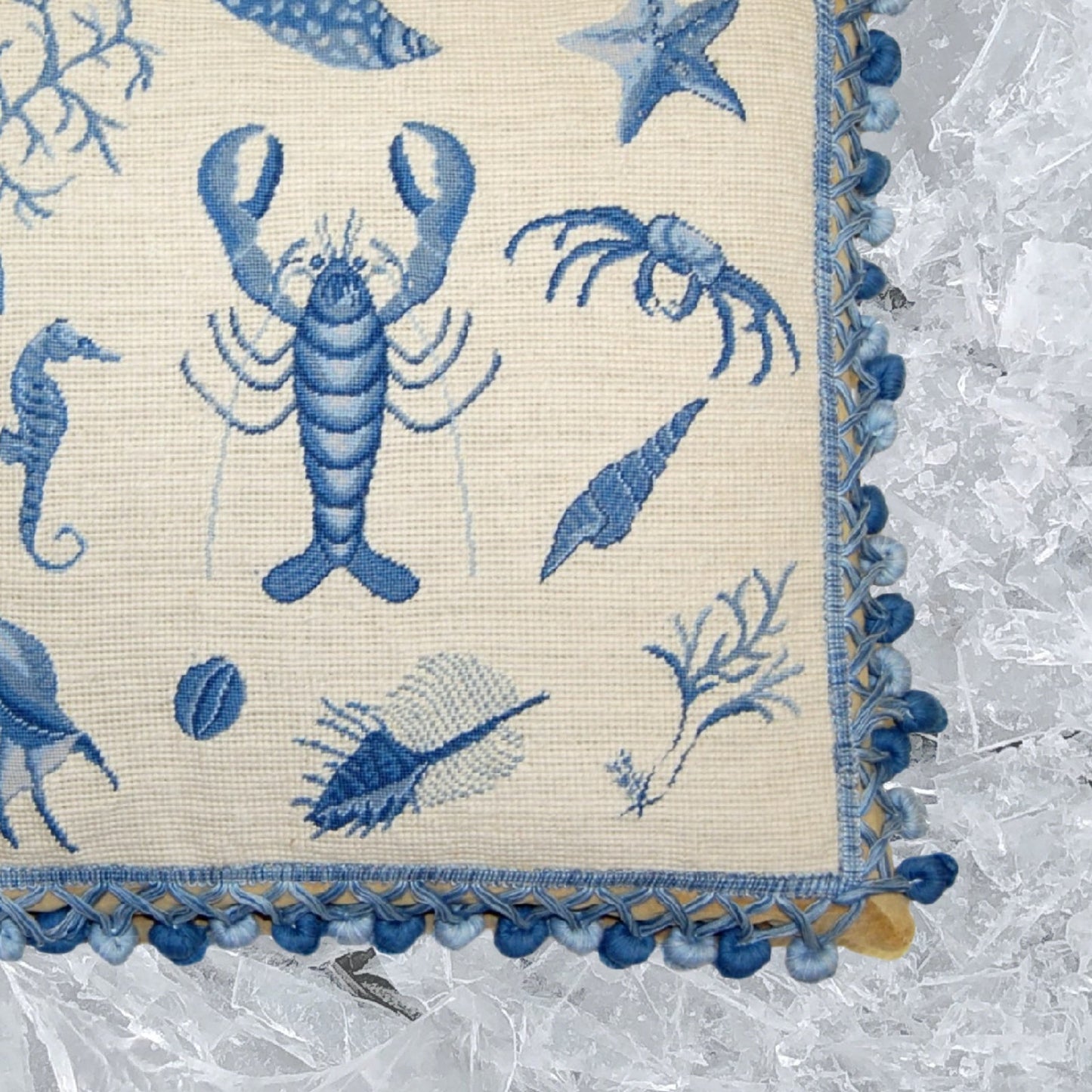 Handmade Wool Needlepoint Pillow Cover - Decorative Throw Cushion Cover - Vintage Floral Embroidery Design Fienst  blue robster with tassels