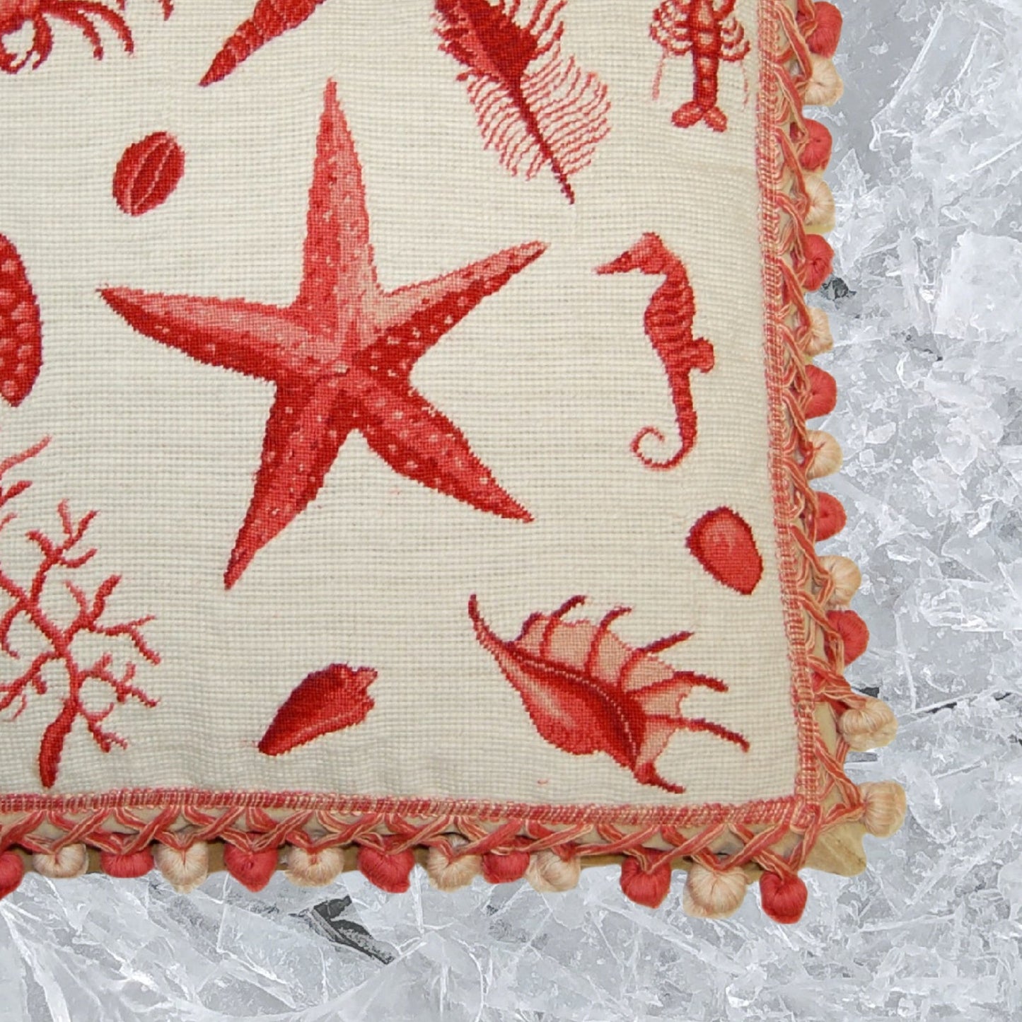 Handmade Wool Needlepoint Pillow Cover - Decorative Throw Cushion Cover - Vintage Floral Embroidery Design red sea-star with tassels
