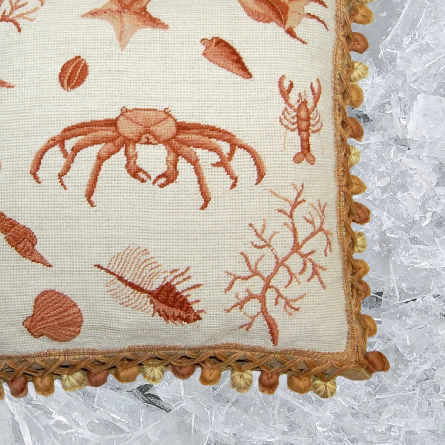 Handmade Wool Needlepoint Pillow Cover - Decorative Throw Cushion Cover - Vintage Floral Embroidery Design Fienst  brown crab with tassels