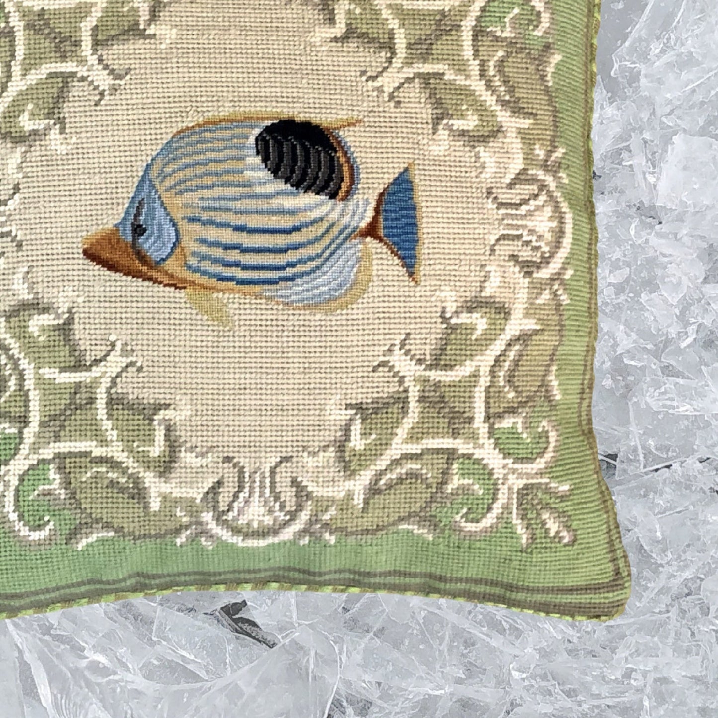 Handmade Wool Needlepoint Pillow Cover - Decorative Throw Cushion Cover - Vintage Floral Embroidery Designtropical fish-foureye butterflyfish green frame checker cording