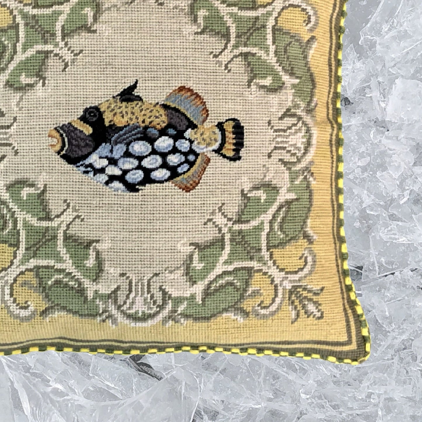 Handmade Wool Needlepoint Pillow Cover - Decorative Throw Cushion Cover - Vintage Floral Embroidery Design tropical fish-marbled grouper yellow frame checker cording
