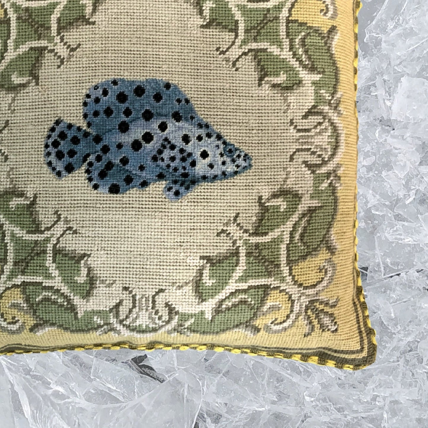 Handmade Wool Needlepoint Pillow Cover - Decorative Throw Cushion Cover - Vintage Floral Embroidery Designtropical fish-Clown Trigger yellow frame checker cording