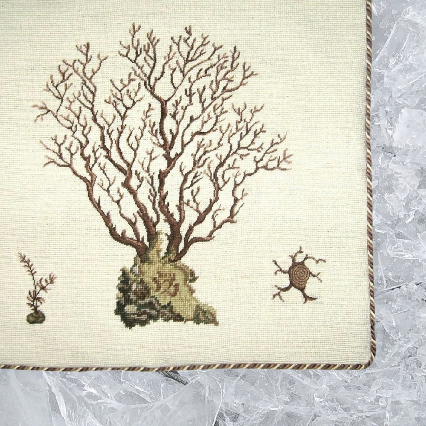 Handmade Wool Needlepoint Pillow Cover - Decorative Throw Cushion Cover - Vintage Floral Embroidery Design brown Marestail with 3 color cording