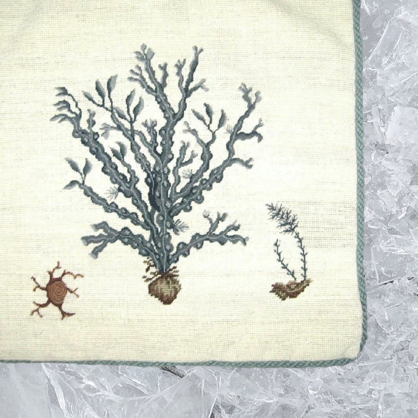 Handmade Wool Needlepoint Pillow Cover - Decorative Throw Cushion Cover - Vintage Floral Embroidery Design blue water weed in blue with blue cording 1