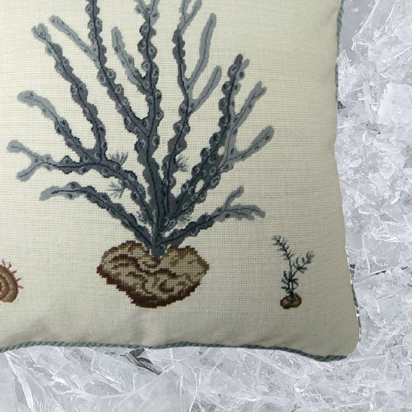 Handmade Wool Needlepoint Pillow Cover - Decorative Throw Cushion Cover - Vintage Floral Embroidery Design blue water weed in blue with blue cording