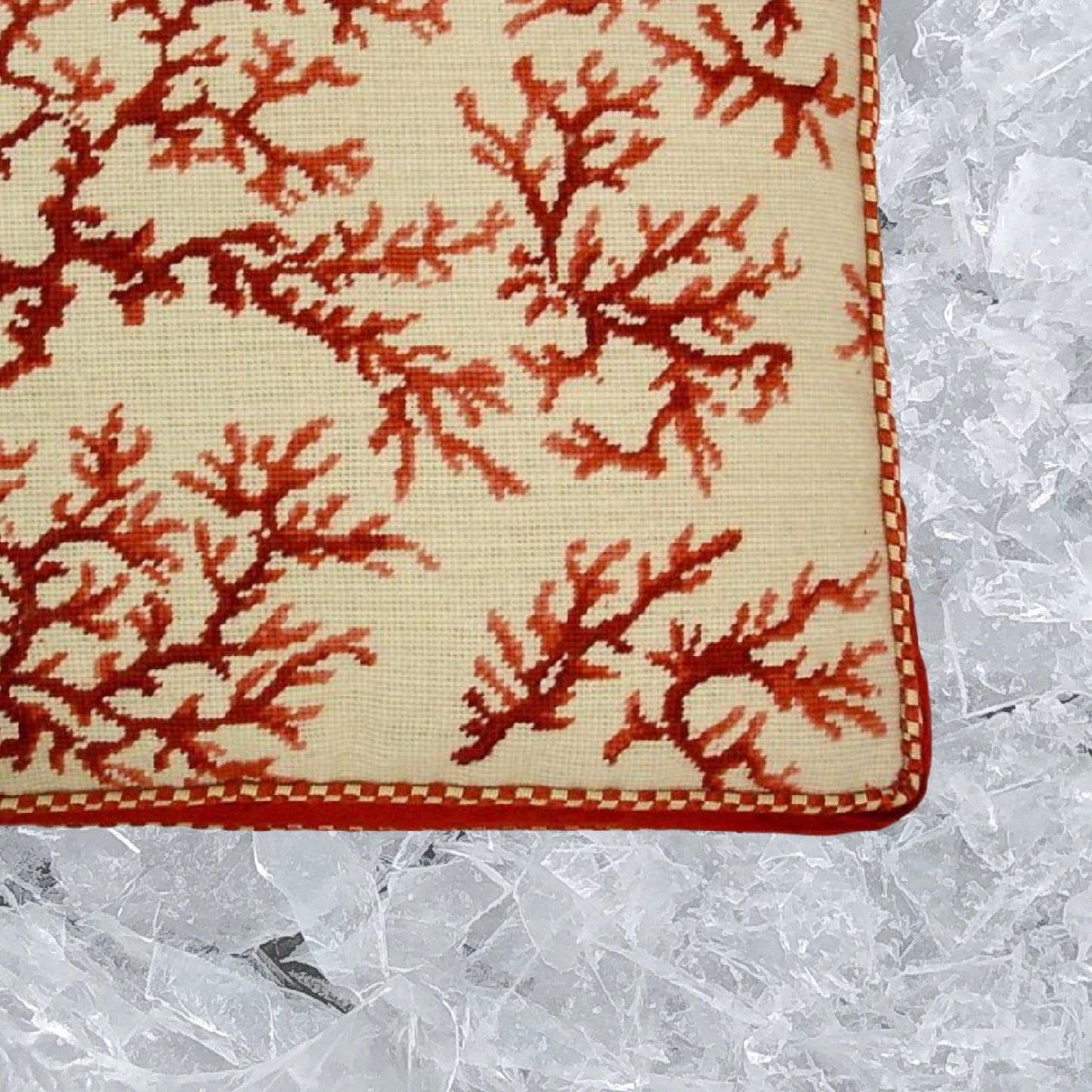 Handmade Wool Needlepoint Pillow Cover - Decorative Throw Cushion Cover - Vintage Floral Embroidery Design red coral ivory back with 2 color cording