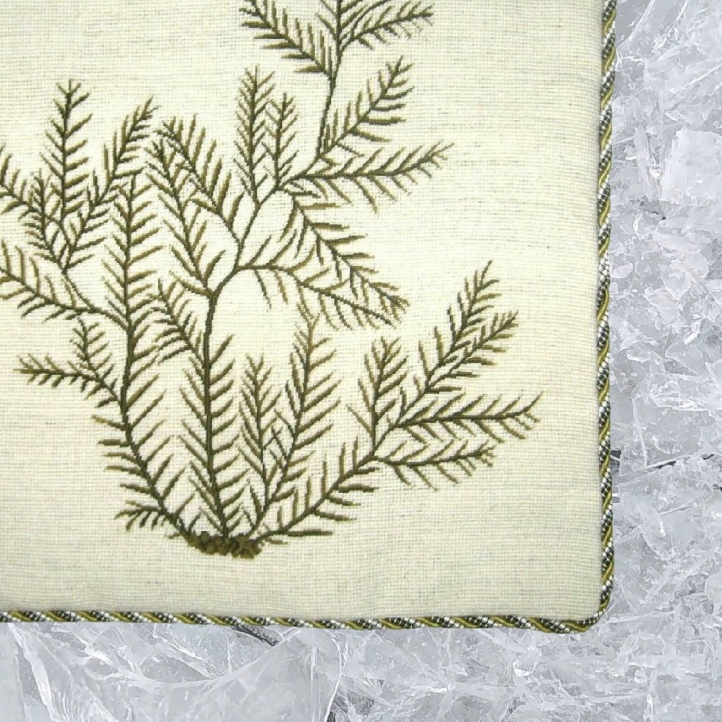 Handmade Wool Needlepoint Pillow Cover - Decorative Throw Cushion Cover - Vintage Floral Embroidery Design seaweeds green Sealace with cording