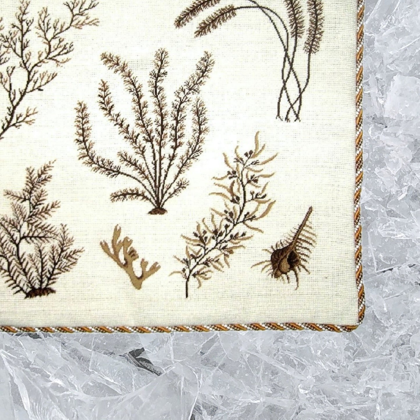 Handmade Wool Needlepoint Pillow Cover - Decorative Throw Cushion Cover - Vintage Floral Embroidery Design brown group seaweeds with cording