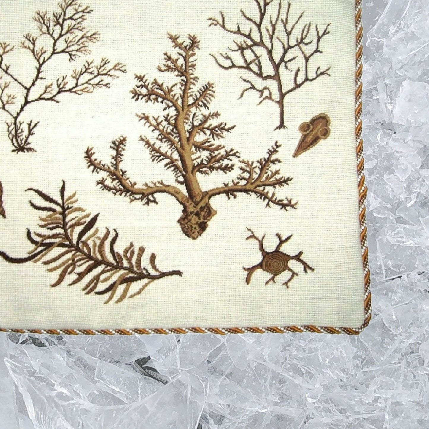 Handmade Wool Needlepoint Pillow Cover - Decorative Throw Cushion Cover - Vintage Floral Embroidery Design group seaweeds center brown coral with cording