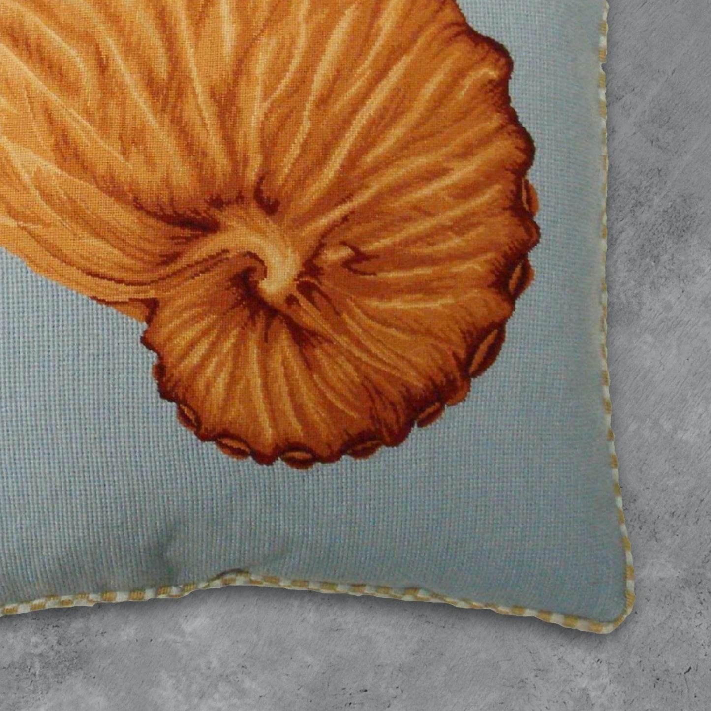 Handmade Wool Needlepoint Pillow Cover - Decorative Throw Cushion Cover - Vintage Floral Embroidery Design Nautilus shell light blue background with cording