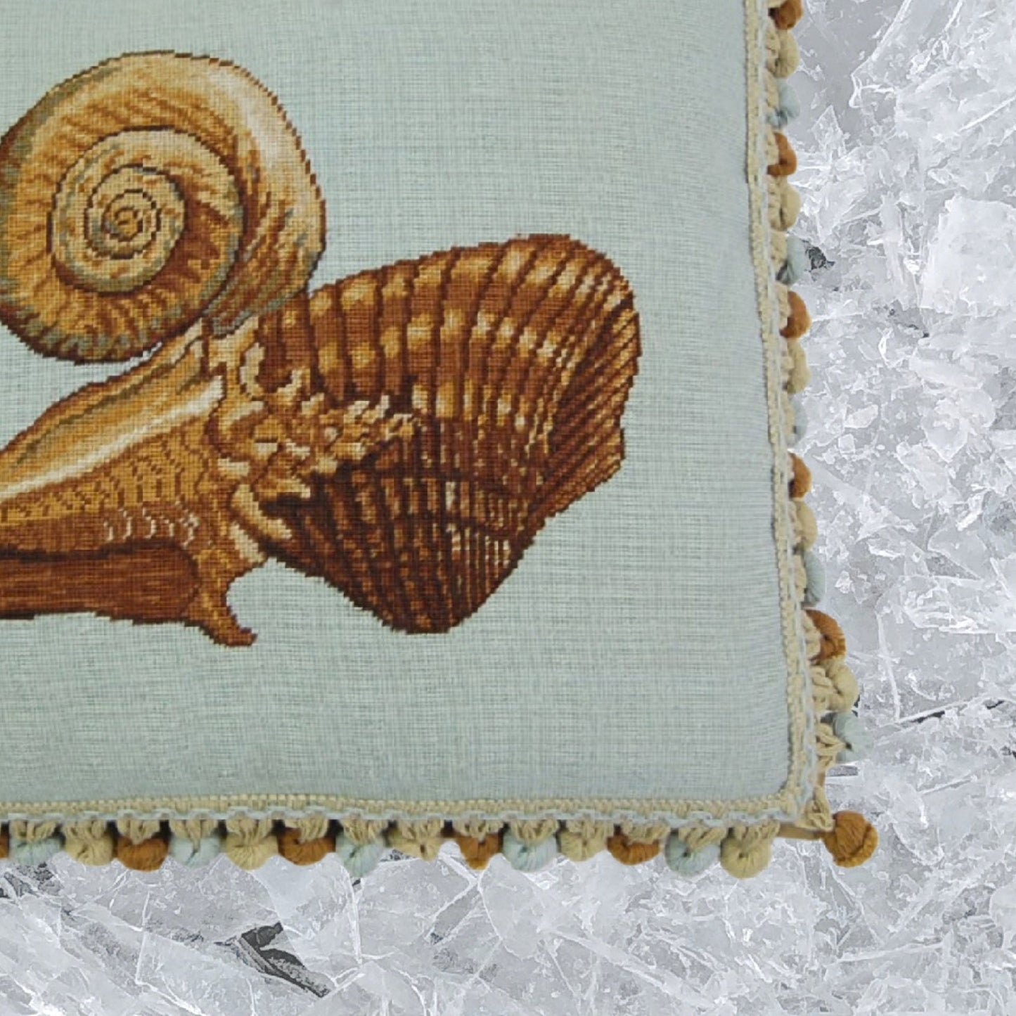 Handmade Wool Needlepoint Pillow Cover - Decorative Throw Cushion Cover - Vintage Floral Embroidery Design  blue background fan shell and other sea shells with tassels