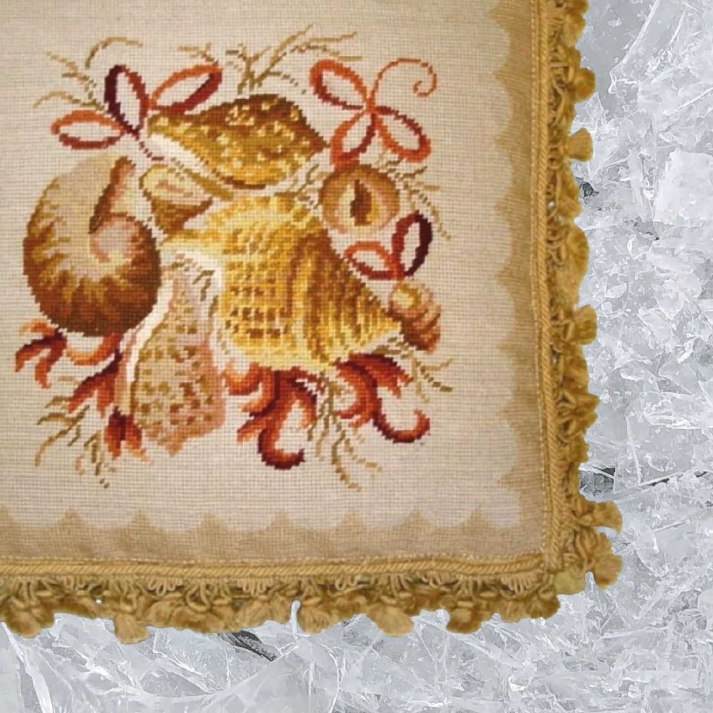 Handmade Wool Needlepoint Pillow Cover - Decorative Throw Cushion Cover - Vintage Floral Embroidery Design All shell with bowtie, dark bage tassels