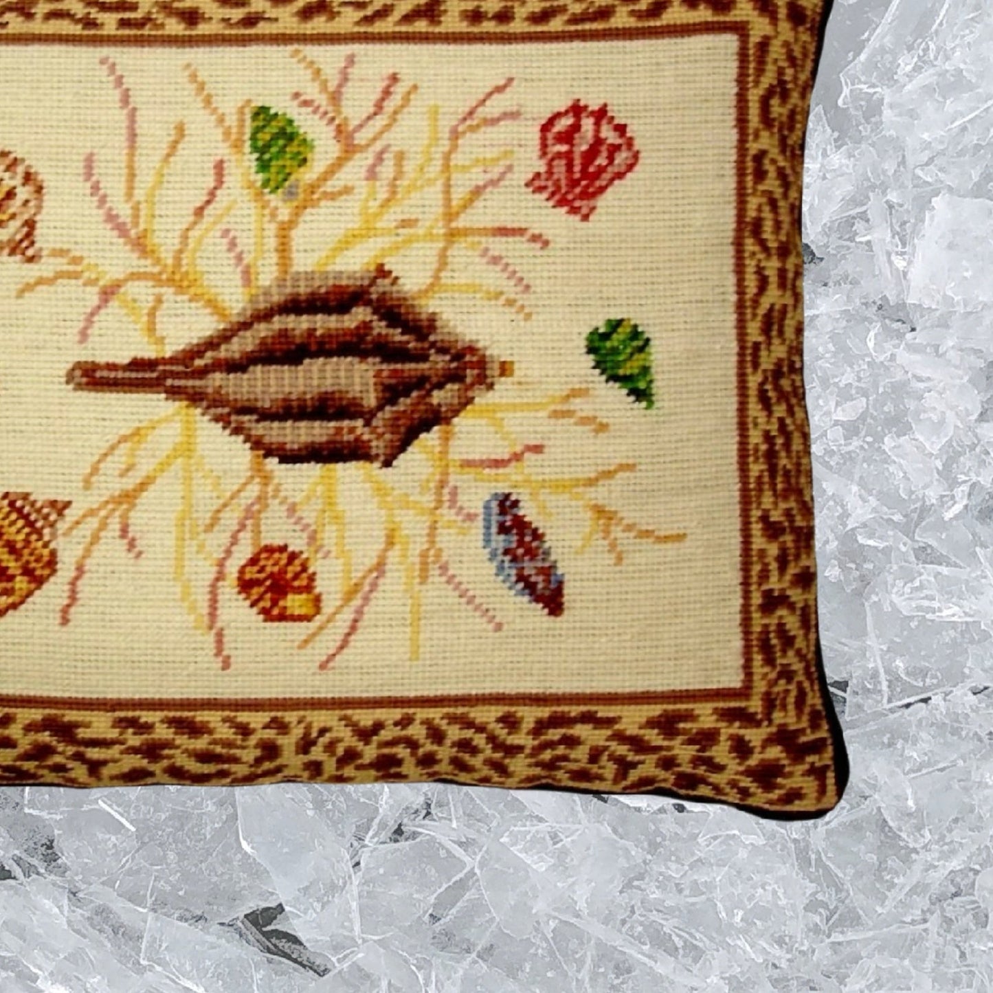 Handmade Wool Needlepoint Pillow Cover - Decorative Throw Cushion Cover - Vintage Floral Embroidery Design brown shell center animal print frame