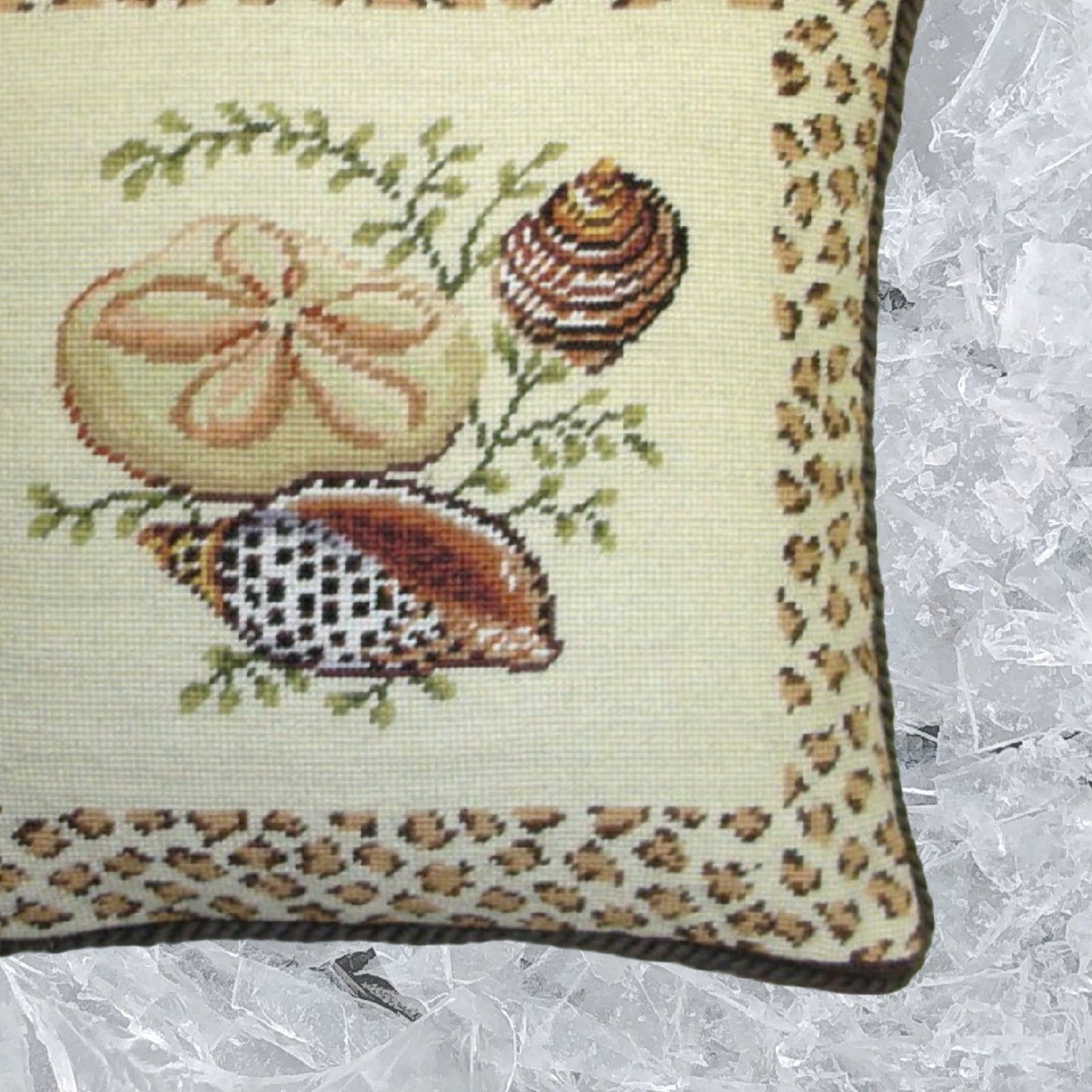 Handmade Wool Needlepoint Pillow Cover - Decorative Throw Cushion Cover - Vintage Floral Embroidery Design light & flat sea shell with brown tassel