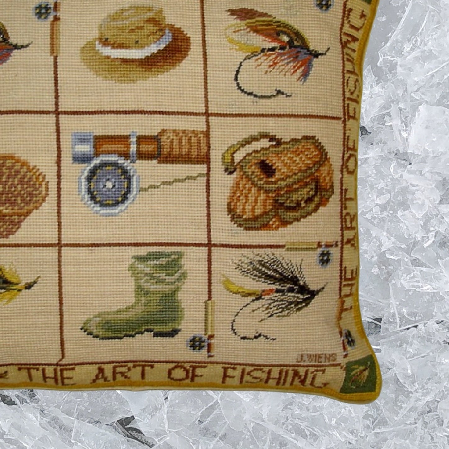 Handmade Wool Needlepoint Pillow Cover - Decorative Throw Cushion Cover - Vintage Floral Embroidery Design James Wienss designThe art of fishing, &