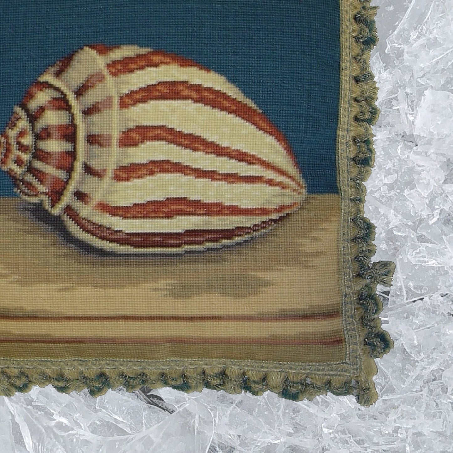 Handmade Wool Needlepoint Pillow Cover - Decorative Throw Cushion Cover - Vintage Floral Embroidery Design sea tigershell with 2 color tassel